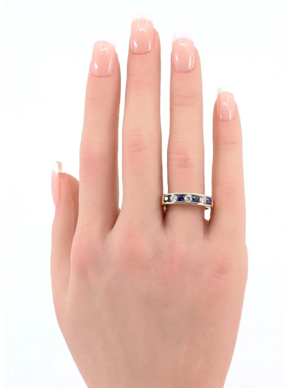 14K Solid Yellow Gold Sapphire Diamond Alternating Channel Set Wedding Band Ring